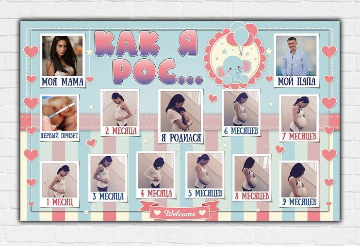 Плакат "Как я росла" (Беби шауэр/Baby shower) Гендер пати для девочки 120х75 см - Русский ТС_гирл_Плакат_роз(Рус фото